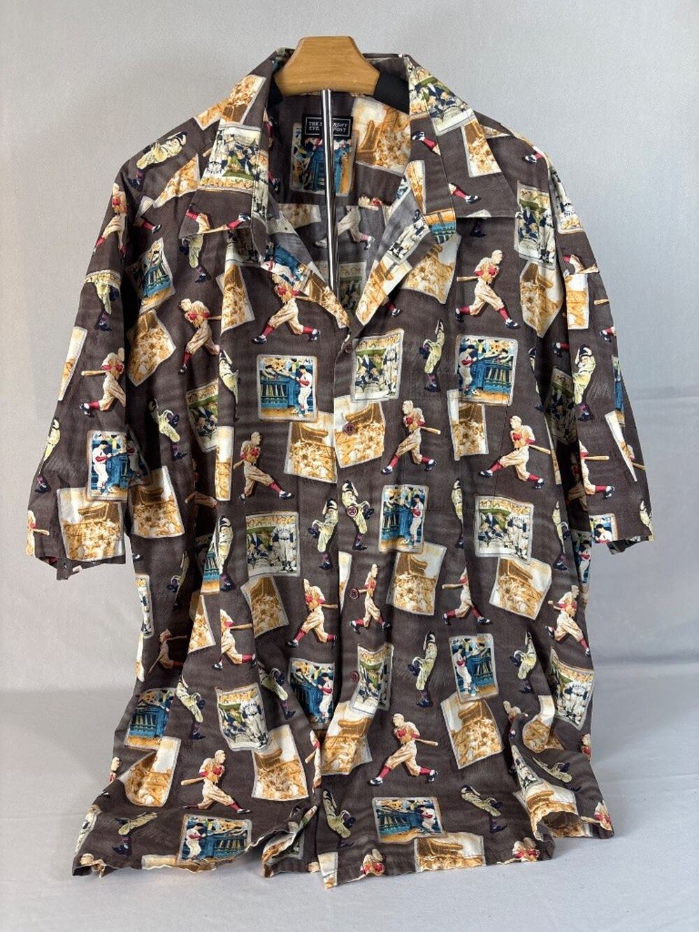 Saturday Evening Post Baseball Novelty Print 3X Button Up Camp Shirt Brown